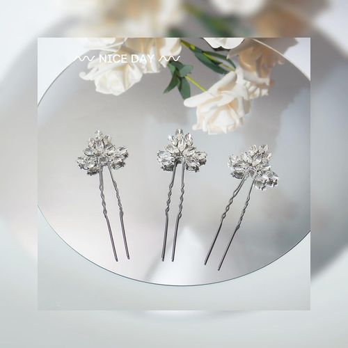CASOLVX 3PCS Silver Handmade Crystal Hairpin U-shaped Crystal Comb Bridal Hairpin Gift for Women and Teen Girls