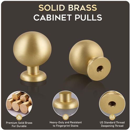 Yiking Dresser Handles 4 Pack Solid Brass, Brushed Gold Kitchen Cabinet Knobs1.1-inch Diameter for Bathroom Furniture Dresser Drawer Pulls Desk Cupboard Brushed Gold Cabinet Knobs.