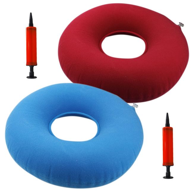 2pcs Inflatable Donut Ring Cushion 40cm with Inflator Pump for Hemorrhoid Treatment Seat Coccyx Tailbone Pillow Perineum Pain Pregnancy Childbirth Prostatitis Wheelchairs Car (light blue + Red)