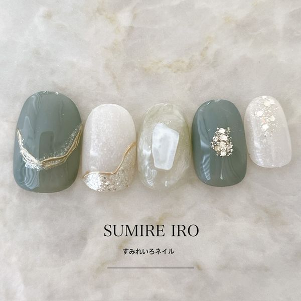 Nail tips False nails Bridal nails Short Coming-of-age nails Design Simple nails Nail Beige nails Small nails Large nails Very short Chibi nails Adult nails False nails Custom nails<br> [o2138] Forest Green Marble Mirror Line Shell Holograde