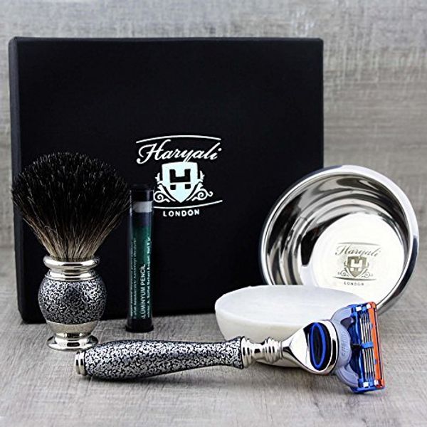 Haryali London Mens Shaving Kit 5 Edge Shaving Razor, Black Badger Hair Brush, Bowl, Soap and Alum Perfect Set for Men