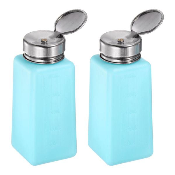 sourcing map 2pcs Solvent Alcohol Dispensers 250ml(8.5oz) Push Down Liquid Dispenser Pump Bottle with Sealing Stainless Steel Lid for Acetone Cleanser Polish Remover, Blue