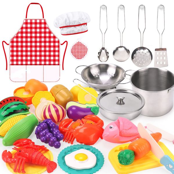 Qizebaby Toys Kitchen Toy Set, Pretend Play Kids Games, Stainless Steel Cookware Pot and Pan Set, Cookware, Apron and Chef Hat, Vegetables and Fruits Chopping, Indoor Play, Indoor Games, Cooking Set