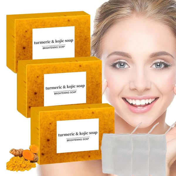 3PCS Lemon Turmeric Kojic Soap with 3 Bubble Nets Honey Glow Lemon Turmeric Soap Turmeric And Kojic Soap Honey Glow Turmeric Soap Bar Lemon Kojic Soap for All Skin Evens Out Skin Tone for Face Body