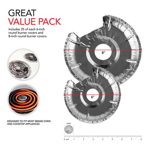 Round Electric Stove Burner Covers (50 Pack) 6 Inch and 8 Inch Disposable Stove Top Aluminum Foil Bib Liners, to Keep Kitchen Range Clean from Oil and Food Drips, Stock Your Home