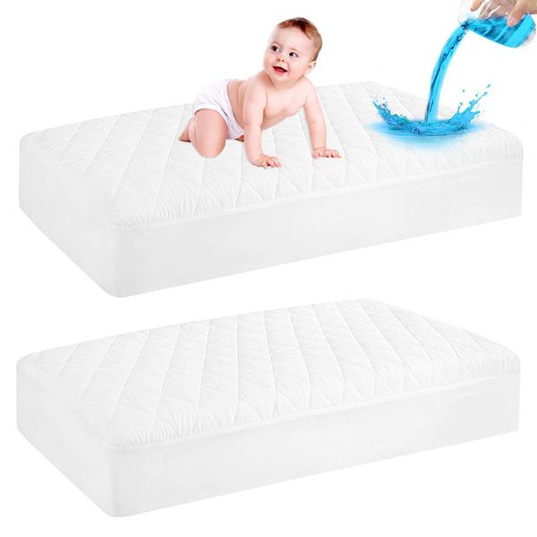 GRT 2 Pack Waterproof Crib Mattress Protector, Quilted Baby Mattress Cover Fitted Deep Pocket from 4" up to 9", Extra Soft Breathable & Noiseless Toddler Mattress Pad 52"x28", White