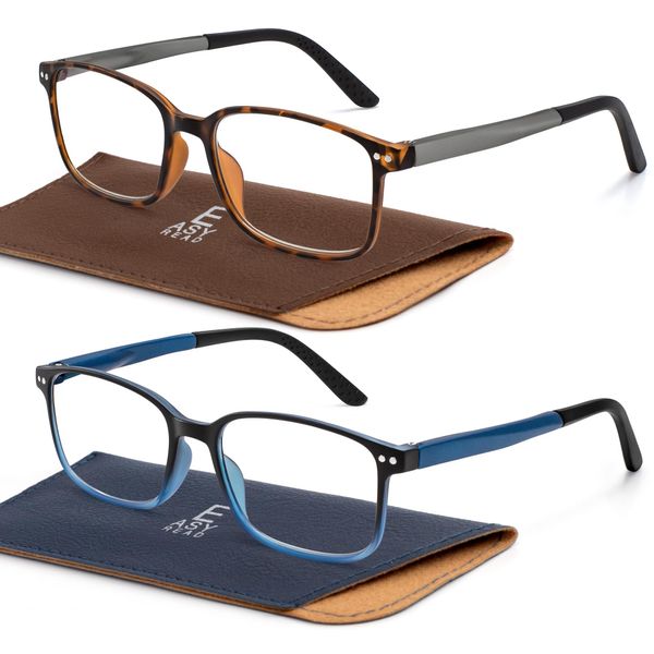 EASY READ 2 Pack TR90 Reading Glasses for Men,Sporty Rectangular Blue Light Blocking Readers with Spring Hinge(Magnification 2.00,Tortoise/Gradient Blue)