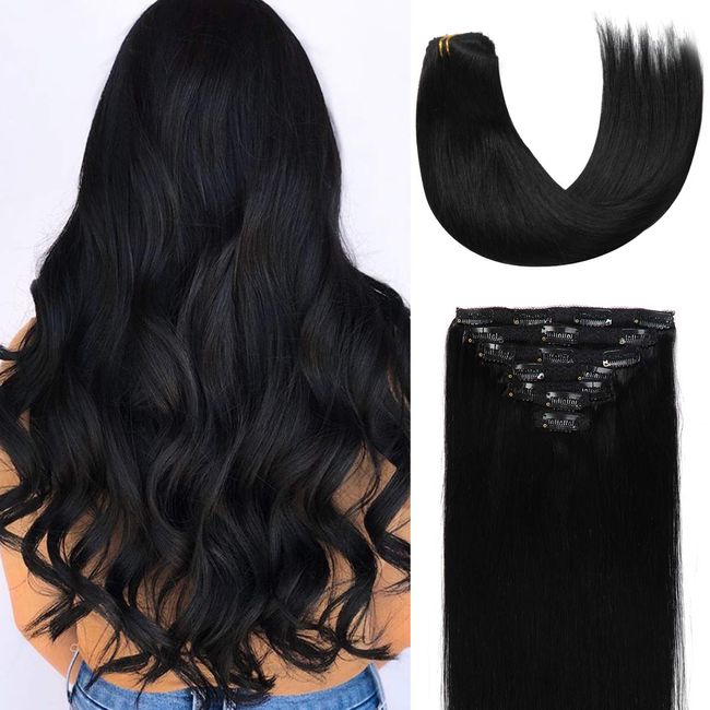 Clip in Hair Extensions Human Hair Jet Black Remy Hair Extensions Clips  Silky Straight Real Hair Extensions For Women 7pcs 16clips 120g (16 Inch, 4