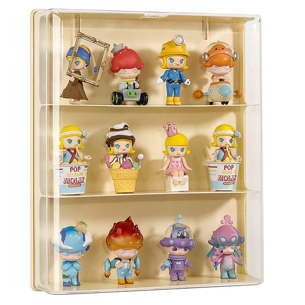 Figure Display Case, Wall-Mounted Doll Storage Box, Adjustable Display Stand Clear Acrylic Display Box with Door Dust and Moisture Proof Suitable for Lego Collectibles Action Figures Pop Mart (Yellow)