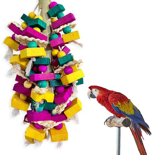 WQY GroceryShop Large Parrot Toys, Multi-Color Wooden Block with Bamboo Support Bird Chewing Toy Parrot Cage Bite Toy for Macaws Cokatoos African Grey and Large Medium Parrot Birds