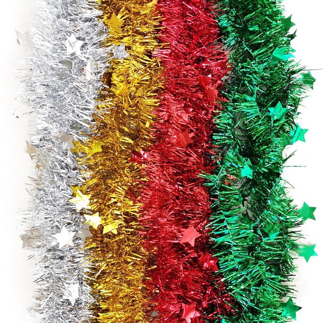 Giyomi Christmas Garland, Glitter, Christmas Tree, Decoration, Red, Green, Gold, Silver, 4 Colors, 6.6 ft (2 m) Unit, Set of 8, Total Length 56.4 ft (16 m), Christmas, New Year, Birthday, Wedding, Garden Decoration