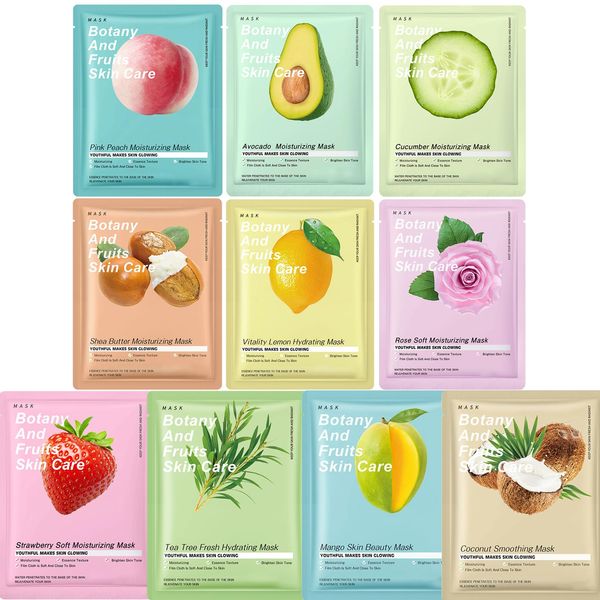 10 Stück Tuchmasken gesicht - Feuchtigkeitsspendende Gesichtsmaske mit Frucht- und Pflanzenextrakten - Gesichtsmasken-Set Frauen - Blattmasken fürs Gesicht Hautpflege-Beauty-Set Frauen Sheet Face Mask