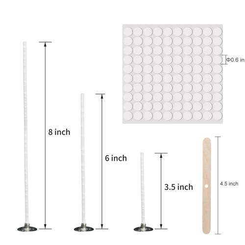 buluker300Pcs Functional Smokeless Candle Wicks,100pcs Wicks Sticker, Pre Waxed Cotton Wick with Metal Sustainer Tabs for Pillar Candle Making and Candle DIY, 9cm/3.5in,15cm/6in,20cm/8in