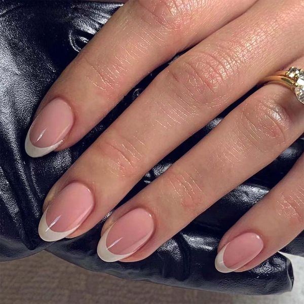 24Pcs Almond False Nails - French Tip False Nails - White French Style Almond Stick on Nails - Medium Length Glossy Full Cover Glue on Nails - Removable Nails DIY Nail Art