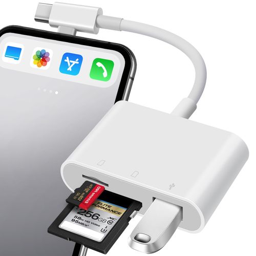 OPxjzws SD Card Reader for iPhone USB C & Lightening Dual Connectors SD Card Adapter Plug&Play for microSD, SD Cards or USB-A, USB-C Trail Camera Memory Reader Supports iPhone 15 16 Mac MacBook iPad