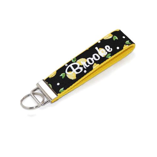 Lemons on Black Keychain Personalized Key Fob with Your Choice of Name in White Thread