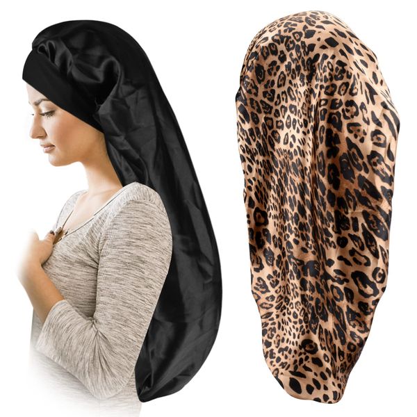 Satin Bonnet for Women 2 Pack Soft and Elastic Black Leopard Long Hair Cap，Large Breathable Silky Hair Bonnet for Sleeping Cap，Braids Bonnets for Women