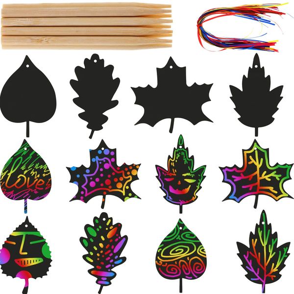 50 Pieces Scratch Fall Leaves Colorful Scratch Leaves Scratch Rainbow Art Paper with Ribbons and Wooden Stylus for Thanksgiving Harvest Party (Black)