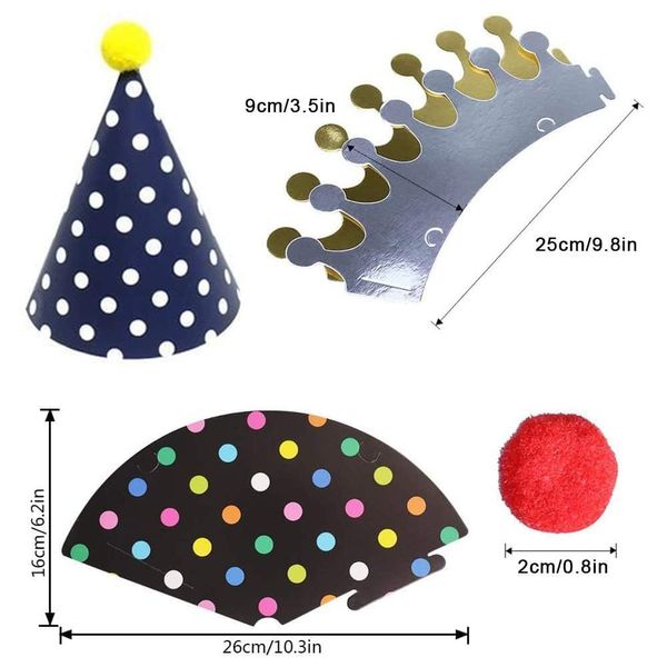 BIUOW 11PCS Birthday Party Cone Hats - Pom Poms,Lovely Cake Cone Birthday Paper Hats,Lovely Crown,For Children and Adults (9 hats and 2 crowns)