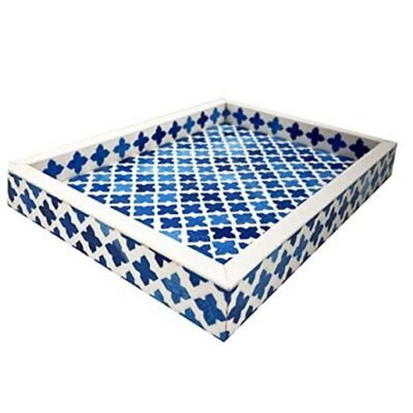 Handmade Moorish Moroccan Pattern Serving Tray – Blue & White Bone Inlay