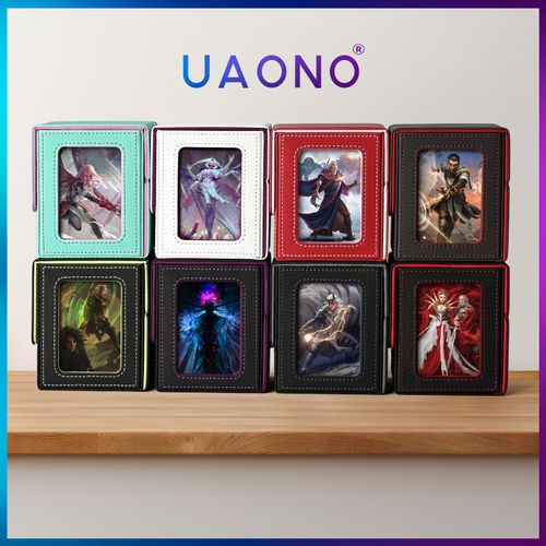 UAONO Card Deck Box with MTG Commander Display, Patented Design Card Deck Case Holds 100+ Double-Sleeved Cards, PU Leather Cards Storage Box for TCG with 2 Dividers, 1 Toploader (Black&Lemon Green)