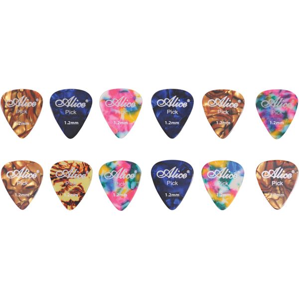 Alice 12 Assorted Colour Celluloid Guitar Picks (1.2mm) Various