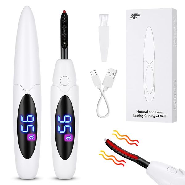 LOPHE Heated Eyelash Curler, USB Rechargeable Heating Electric Eyelash Curler with Eyelash Comb, 3 Gear Temperature Control with LED Display, Lash Curler for Girls Women Quick Heating Curling, White