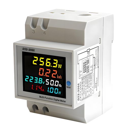 D52-2066 Single Phase Energy Meter with LCD Display Din Rail Electricity Usage Monitor for Voltage Current Power KWh Frequency Power Factor - 220V AC 40V-300V 100A Household & Industrial Use