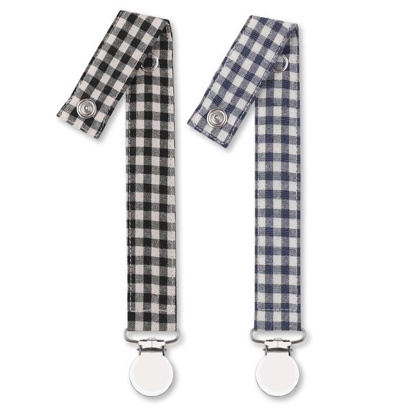 Pacifier Clip Leash Soothie Holder Unisex Plaid Button for boy （2 Pack）