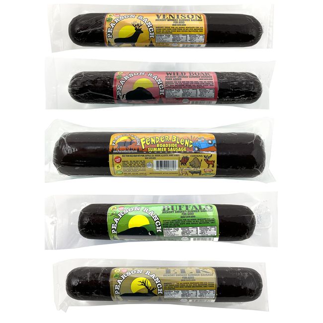 Pearson Ranch Game Meat Hickory Smoked Summer Sausage Variety Pack of 5 – Elk, Buffalo, Venison, Wild Boar, & Fender Blend (rabbit, alligator, venison, elk, buffalo, beef, pork, & wild boar) Gluten-Free, MSG-Free