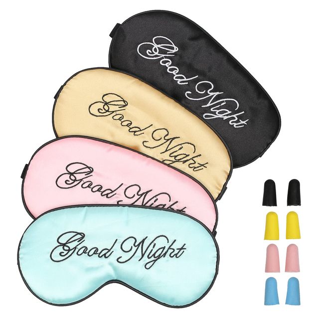 CHALA 4pcs Silk Sleep Eye Masks,Soft Blindfold Adjustable Strap Eyemask with 4 Pairs Earplugs and Flannel Bag for Night Sleep Travel Nap (Blue, Pink, Yellow, Black)