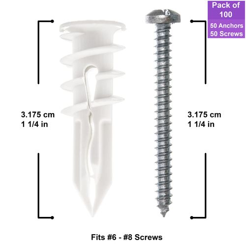 TOGGLER SnapSkru SPM Mini Self-Drilling Drywall Anchor with Screws, Glass-Filled Nylon, Made in US, For #6 to #8 Fastener Sizes (Pack of 100)