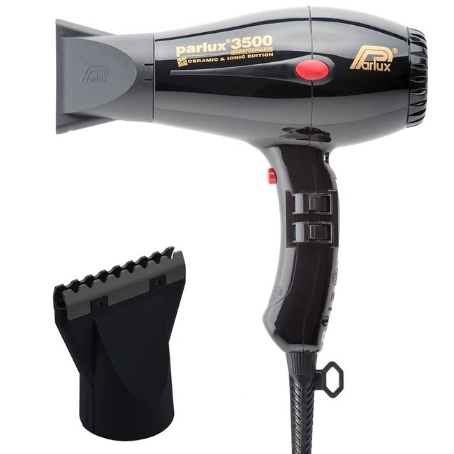 Parlux 3500 Super Compact Ceramic and Ionic Black Hair Dryer and M Hair Designs Hot Blow Attachment Black (Bundle 2 Items)