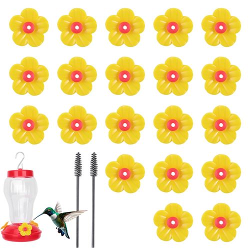 22 Pieces Hummingbird Feeders Replacement Flowers,Feeding Ports Pet Bird Feeder Replacement Parts,Floral Hummingbirds Feeders Tubes and Stoppers,Bee Guards with 2 Cleaning Brush for Outdoors Hanging