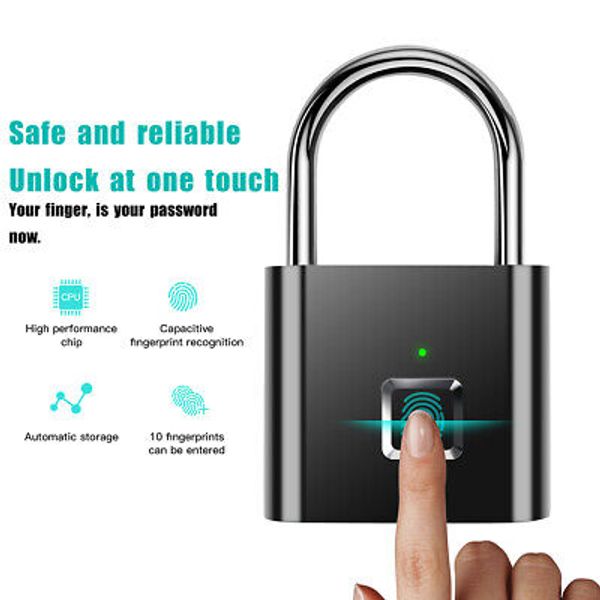 Fingerprint Padlock Waterproof Smart Keyless Door Lock Security USB Rechargeable