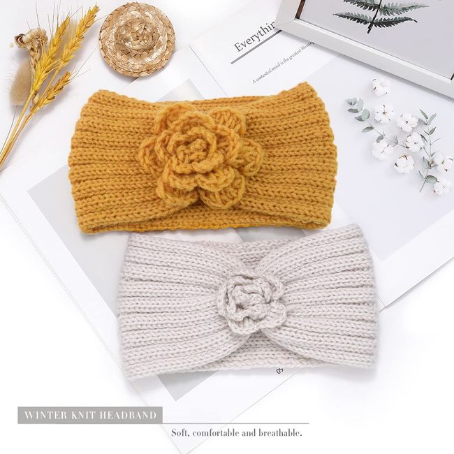 Fashband Winter gestrickt Stirnbänder elastische Blume Häkeln Haarband Ohrwärmer Turban Haarschmuck für Frauen und Mädchen (Packung mit 2)