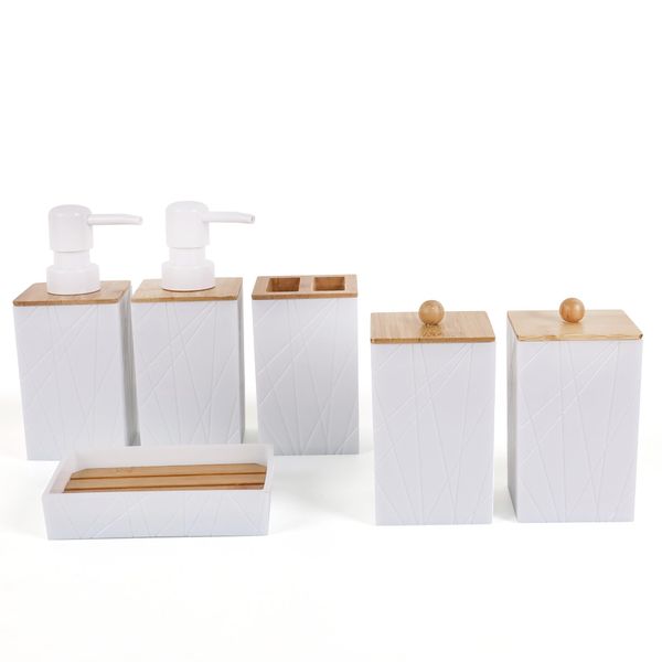 FEILANDUO Bathroom Accessories Set (6PCS),2 Lotion Soap Dispenser,Toothbrush Holder,2 Qtip Holder(Apothecary Jars), Soap Dish, Boho Rustic Farmhouse Decor (White)