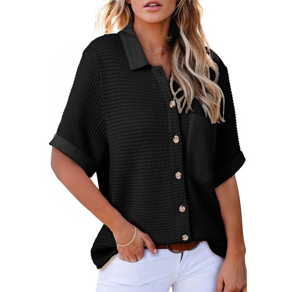 Astylish Women Casual Crochet Hollow Out Knit Tops Collared V Neck Shirt Folded Sleeve Shirts Beach Coverup Small Black