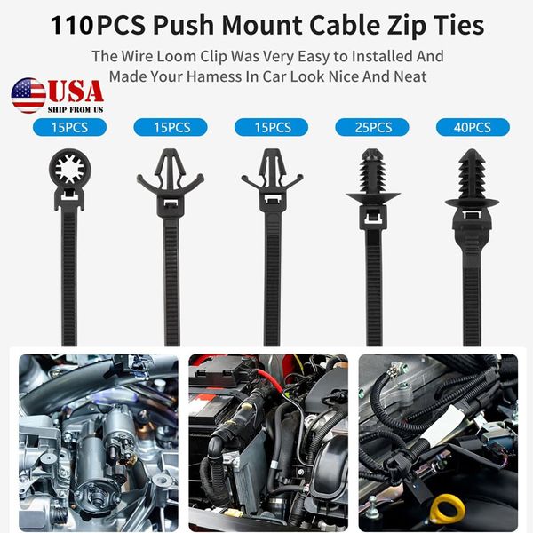 110pcs 5 Size Car Zip Ties Assorted Sizes Push Mount Cable Ties Self Locking 