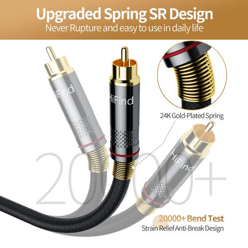 HiFind RCA Cable 4 Ft (Real Hi-Fi Sound-Silver Plated Copper- Spring SR-Shielded) 2 RCA Male to 2 RCA Male Stereo Audio Cable, Gold Plated, Copper Shell, Braided RCA Cord for Home Theater Speakers