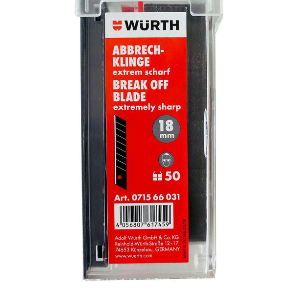 Würth 50x Snap-off Blades 18 mm Extremely Sharp Black Sliding Dispenser