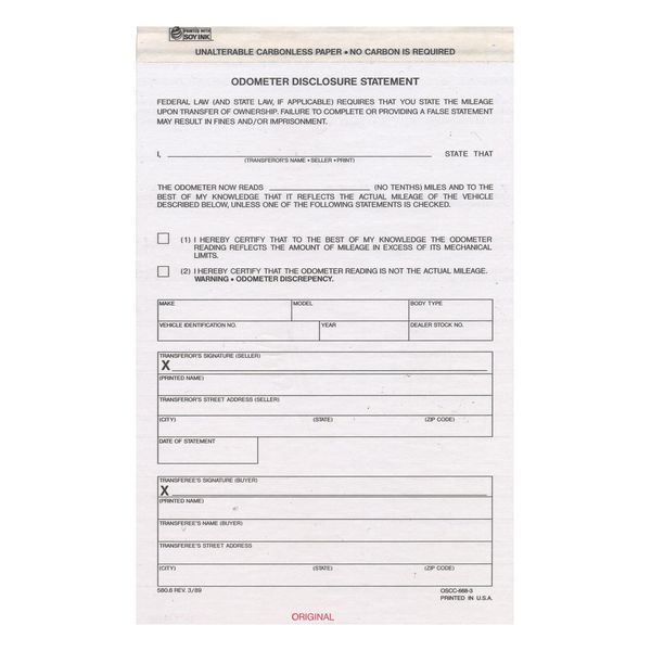 SSWBasics Odometer Disclosure Statement - Pack of 100