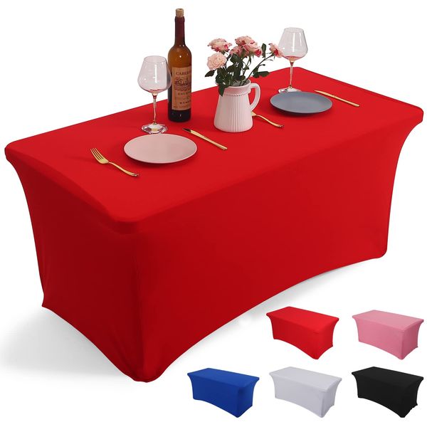 Rainberg 6ft & 4ft Stretchable Tablecloths for Rectangle Tables, Table Cover, Fitted Spandex Rectangular Folding Table Cover, For Wedding, Party, Home decorations. (Red, 6FT(183Lx76Wx76H))