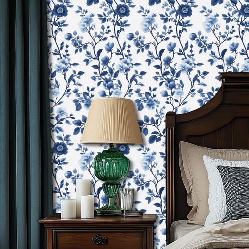 HOMETITUTE Blue Botanical Wallpaper Peel and Stick Floral Contact Paper Wall Paper Stick 17.7" x 118.1" Self Adhesive Vinyl Wall Decor for Bedroom Living Room Accent Wall
