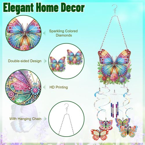 DIYDeligths Wind Chimes Spring Diamond Art Painting Wind Chime Suncatchers Art Kits for Adults Pendant Hanging Ornament Home Garden Wall Patio Backyard Decor (Butterfly)