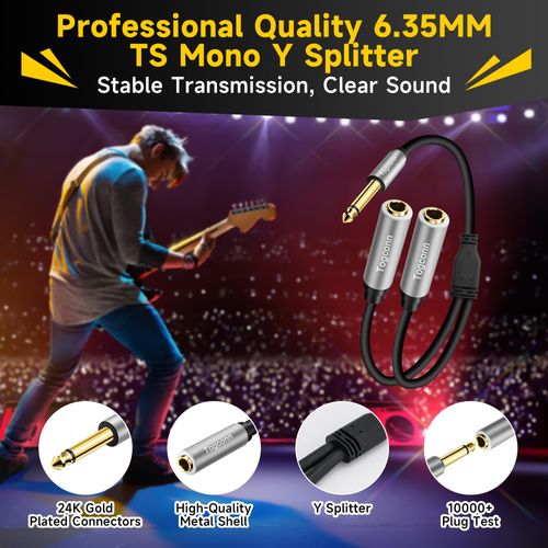 Togconn 2-Pack 1/4 inch TS Mono Splitter Y Adapter, 6.35mm Mono Male to Dual 6.35 mm TS Mono Female Jack, Quarter inch Audio Speaker Splitter Converter Cable 1 Feet, Gold Plated Connectors