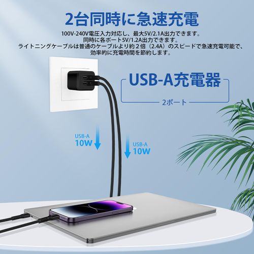 iPhone Charger, 2 Ports, 10 W, AC Adapter, PSE Certified, Includes 2 Lightning Cables, iPad Charger, USB Outlet, Smartphone Charger, Rapid Charging, International Compatible, iPhone 14 Pro Cord,
