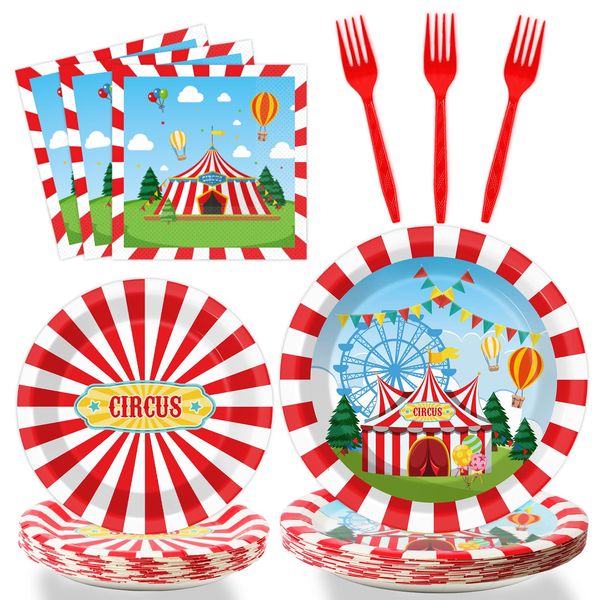 Tevxj 96PCS Circus Tableware Set Carnival Theme Dinnerware Disposable Dessert Plates Carnival Circus Party Plates Napkins Forks for Boys Girls Party Decorations Supplies 24 guests