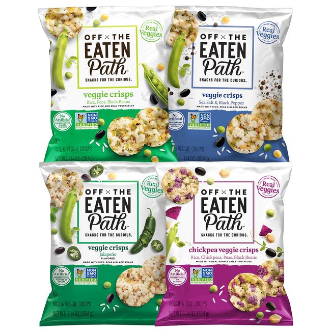 Off The Eaten Path 4 Flavor Sampler Veggie Crisps Variety Pack Gluten Free and made with real veggies, Pepper, 1.25 Ounce (Pack of 16)