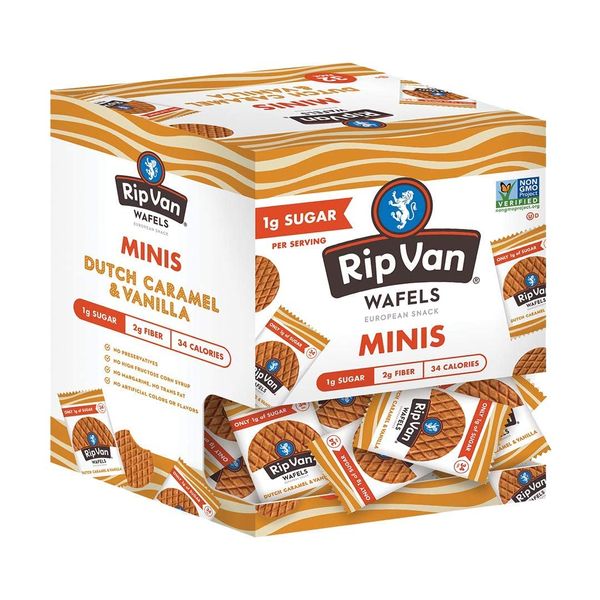 Rip Van Wafels Dutch Caramel Mini Stroopwafels - Low Carb Snacks (3g Net Carbs) - Non GMO Snack - Keto Friendly - Office Snacks - Low Calorie Snack (37 Calories) - Low Sugar (1g) - 32 Pack